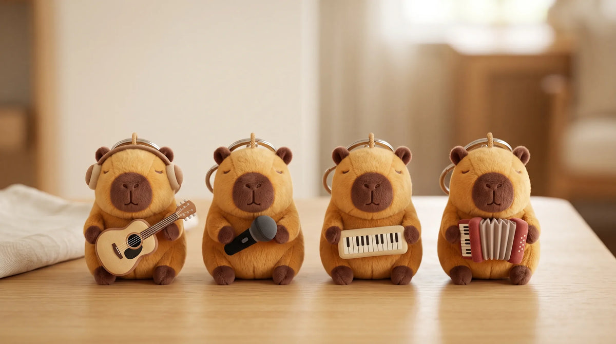 Four capybara musician keychain plush on a table: guitar, microphone, keyboard and accordion