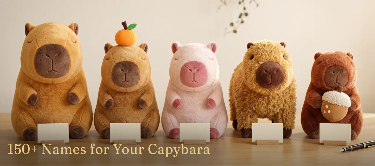 Five capybara plush lined up on a desk, each with a blank name card in front of it