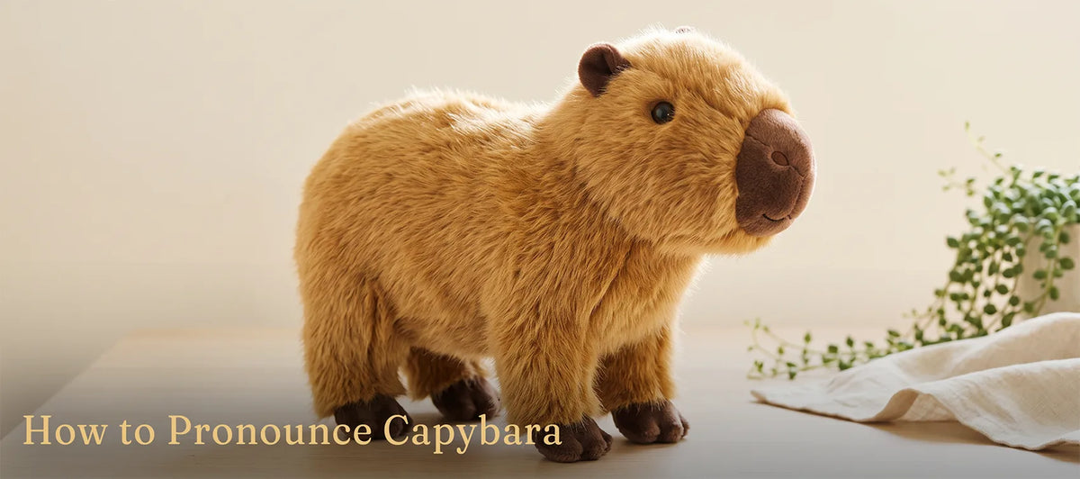 Realistic fluffy capybara plush standing on a table beside a trailing plant and linen cloth