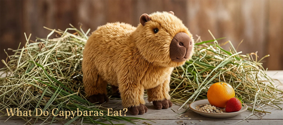 Realistic capybara plush standing in hay beside a plate of oats, an orange and a strawberry