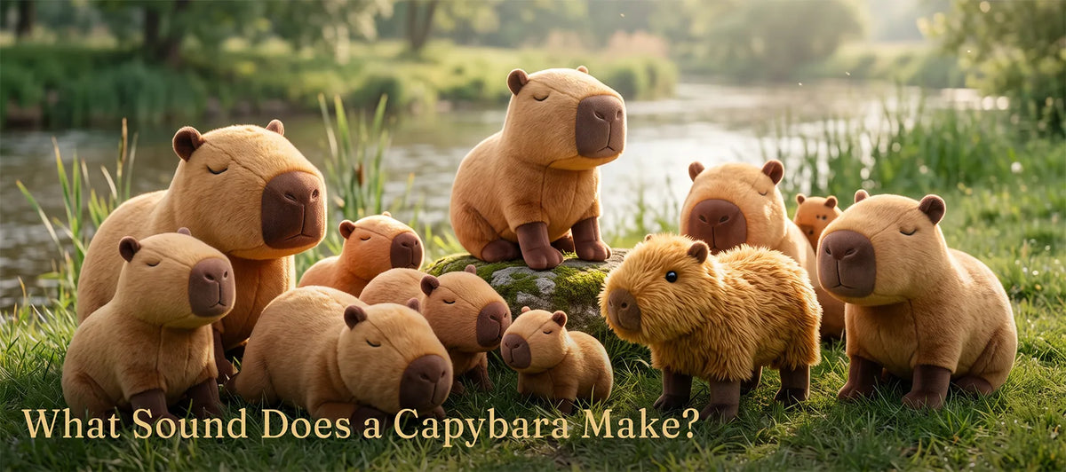 Herd of capybara plush in different sizes gathered on a riverbank, one sitting on a mossy rock