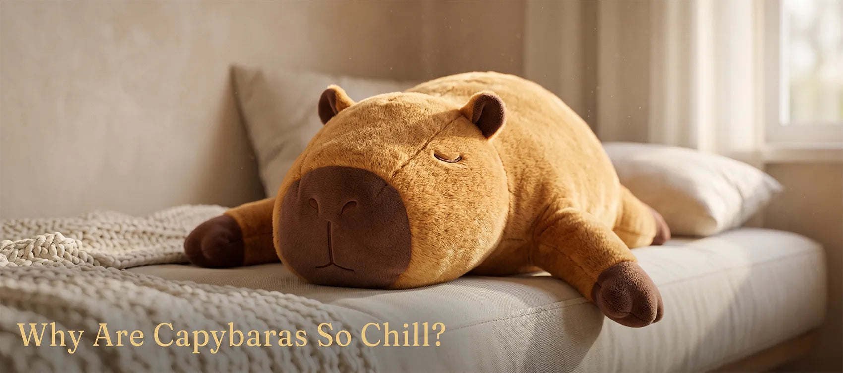 Giant capybara plush lying flat on a bed with its eyes closed in soft window light