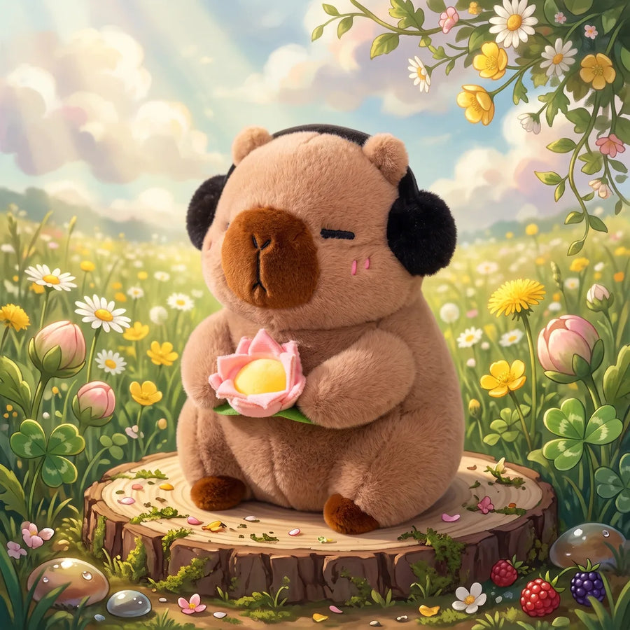 Brown headphones capybara plush on a tree stump in an illustrated wildflower meadow