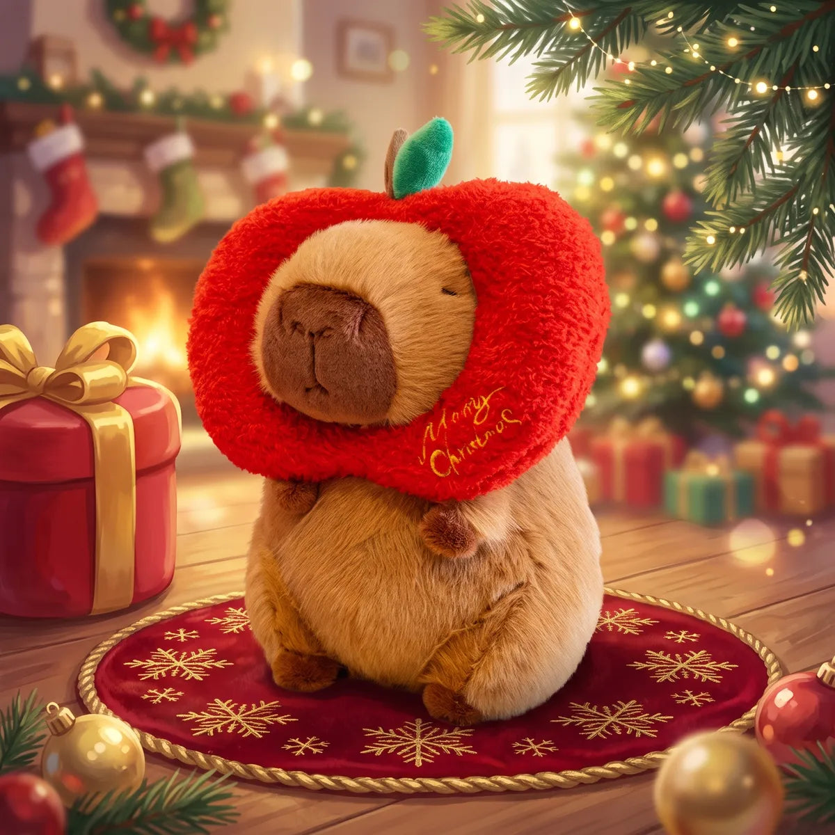 Illustrated Christmas apple capybara plush in a red apple hood on a red rug by a fireplace and a tree