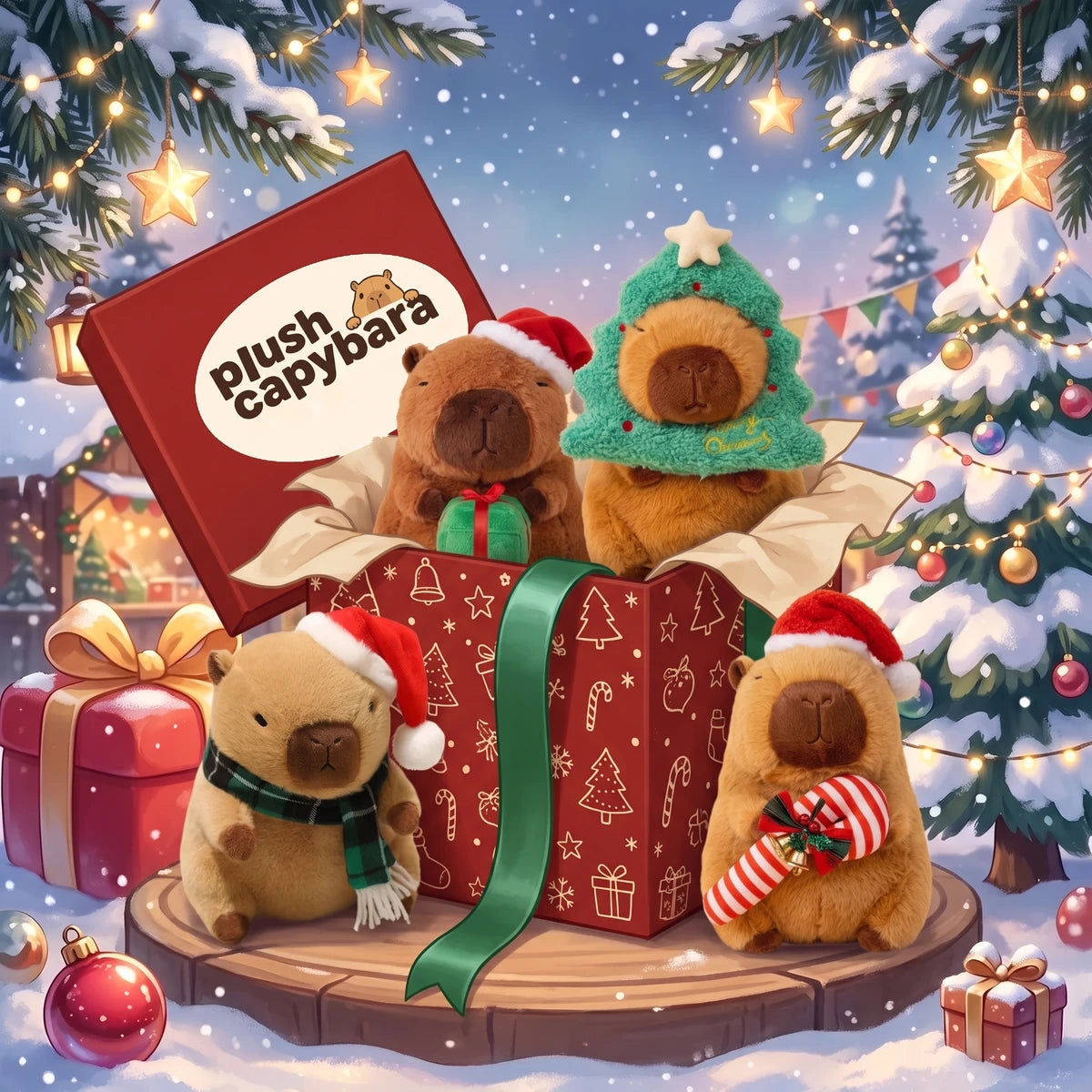 Christmas capybara plush set of four with a red gift box in an illustrated snowy Christmas market
