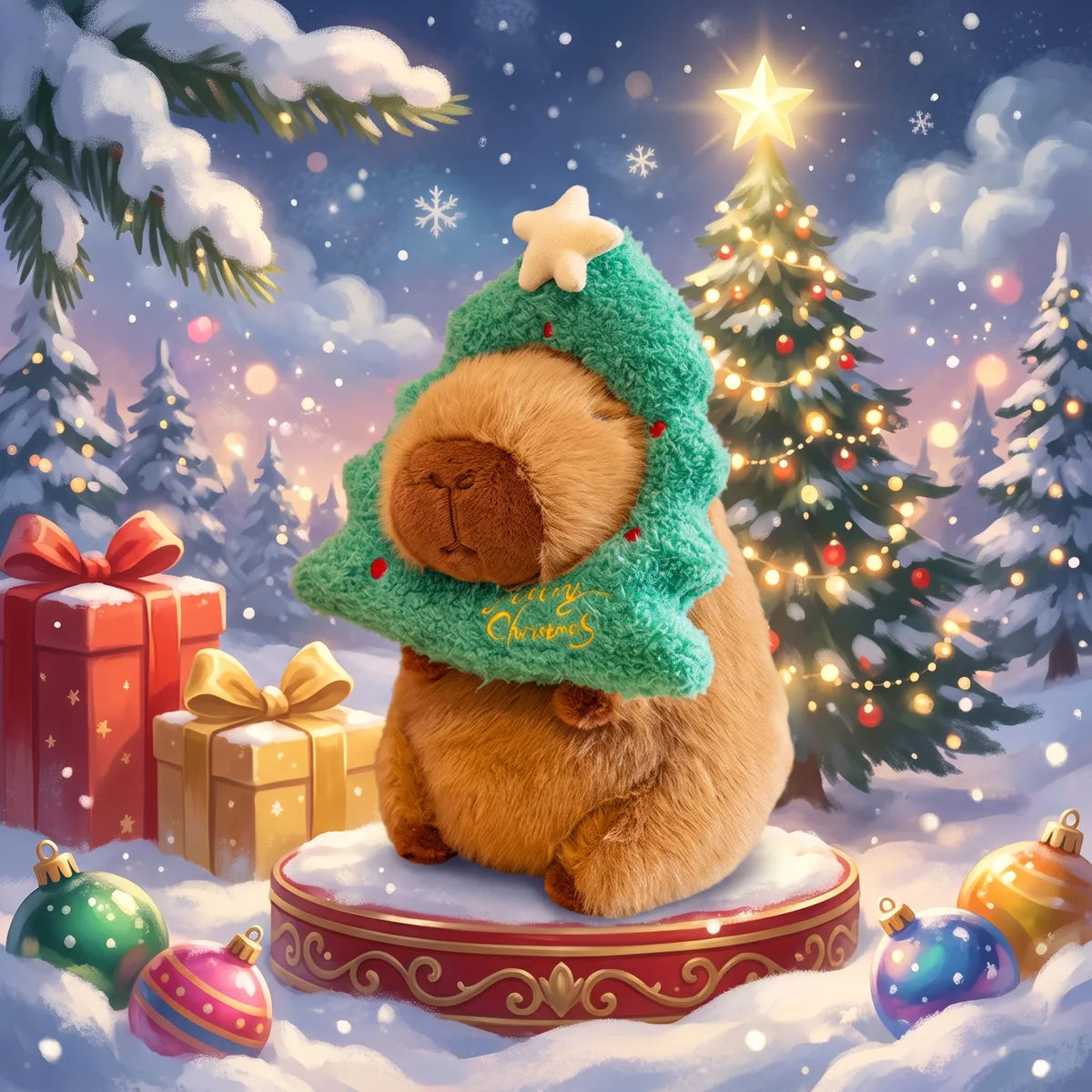 Illustrated Christmas tree capybara plush in a green tree hood with a star, on a red stand in a snowy forest