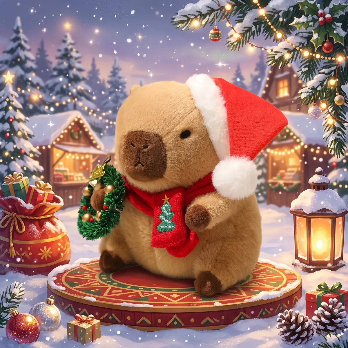 Illustrated Christmas wreath capybara plush in a Santa hat on a round stand at a snowy market
