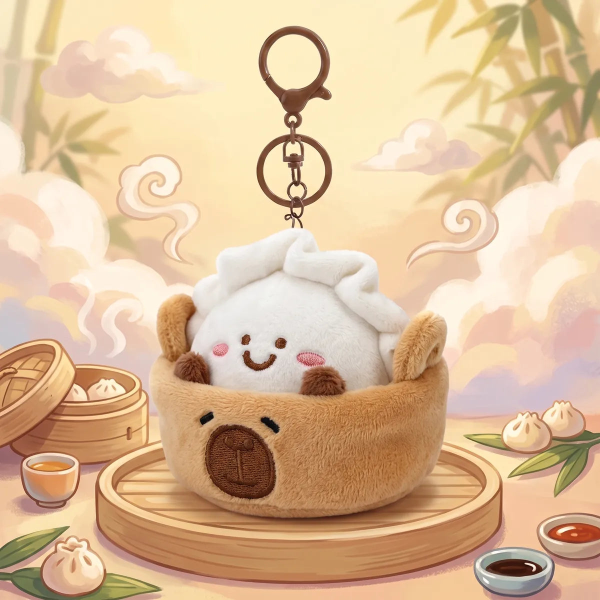 Dumpling capybara keychain on a bamboo steamer lid in an illustrated dim sum scene