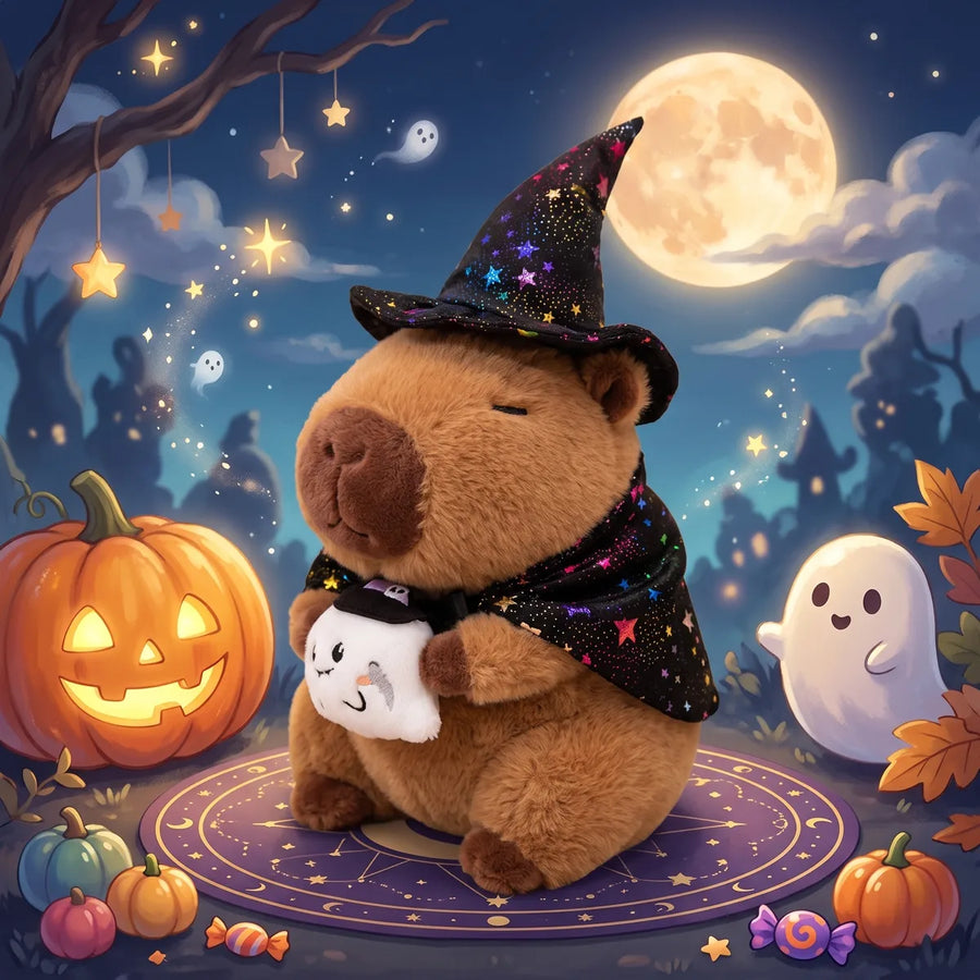 Ghost witch capybara plush holding a small white ghost in an illustrated full moon night scene