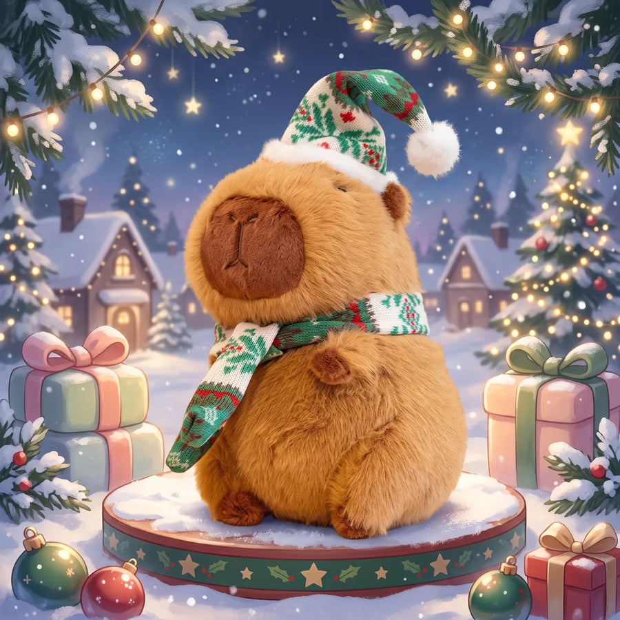 Illustrated green knit hat Christmas capybara plush on a round stand in a snowy village at night