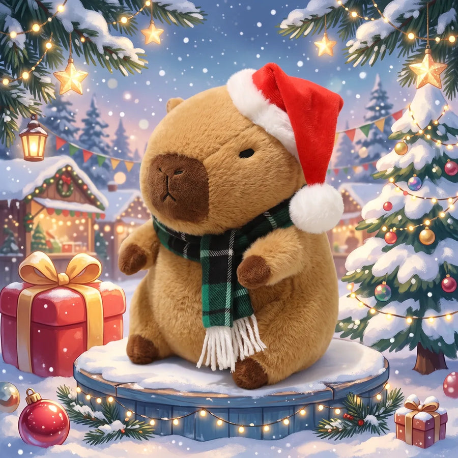 Illustrated green plaid Christmas capybara plush in a Santa hat on a snowy stand under star lanterns