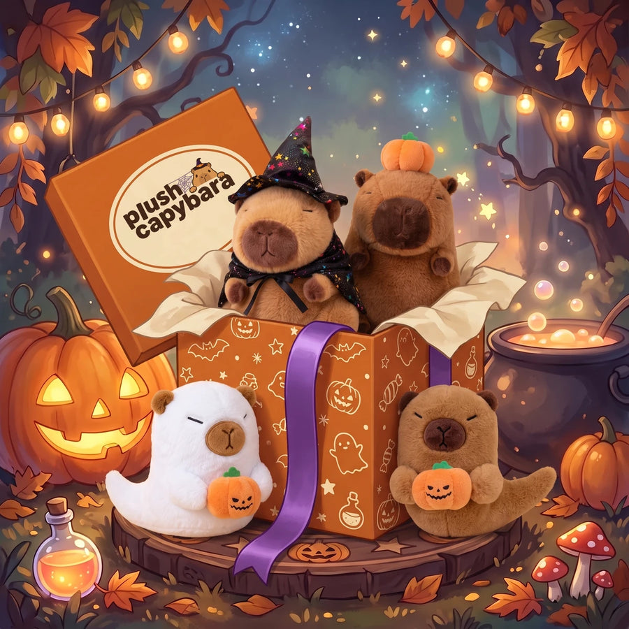 Halloween capybara plush set of four with an orange gift box in an illustrated enchanted forest at night