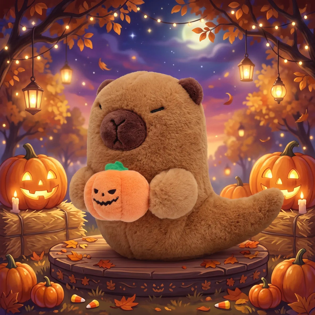 Halloween ghost capybara plush holding a jack o lantern pumpkin in an illustrated pumpkin patch at dusk