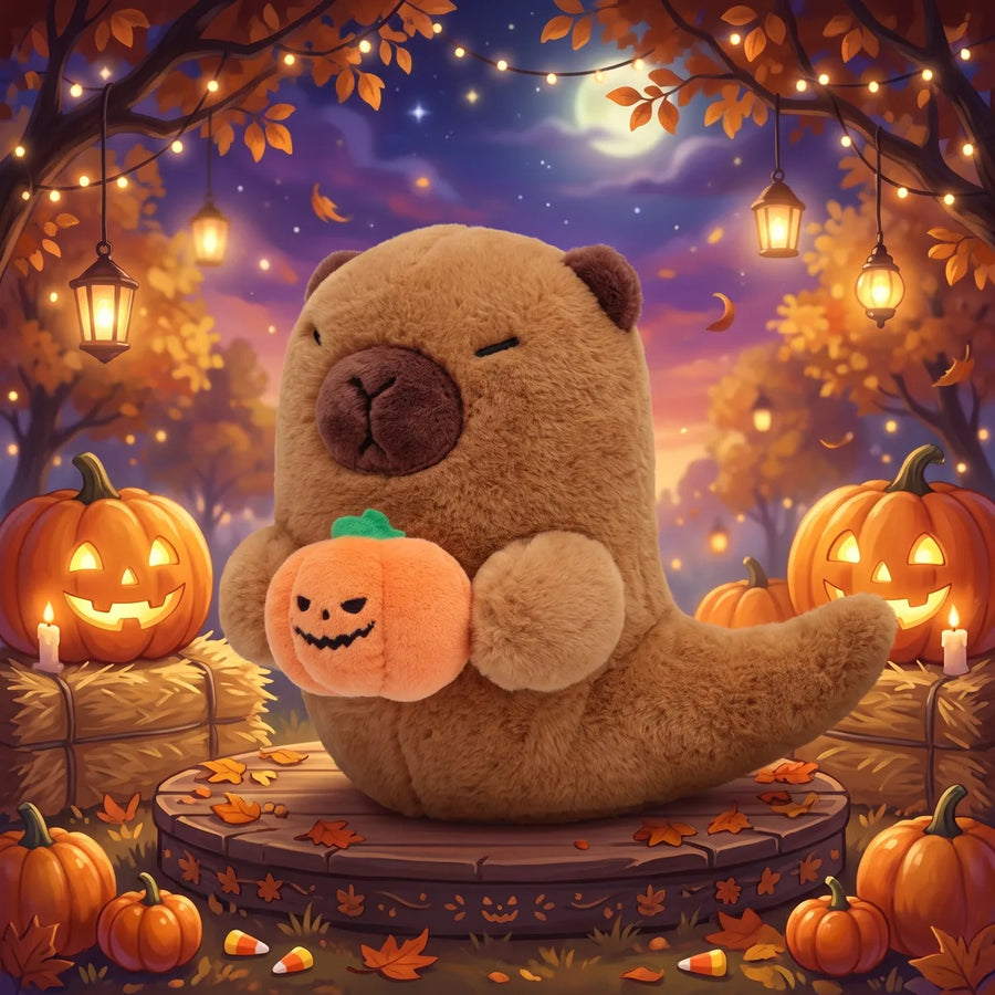 Halloween ghost capybara plush holding a jack o lantern pumpkin in an illustrated pumpkin patch at dusk