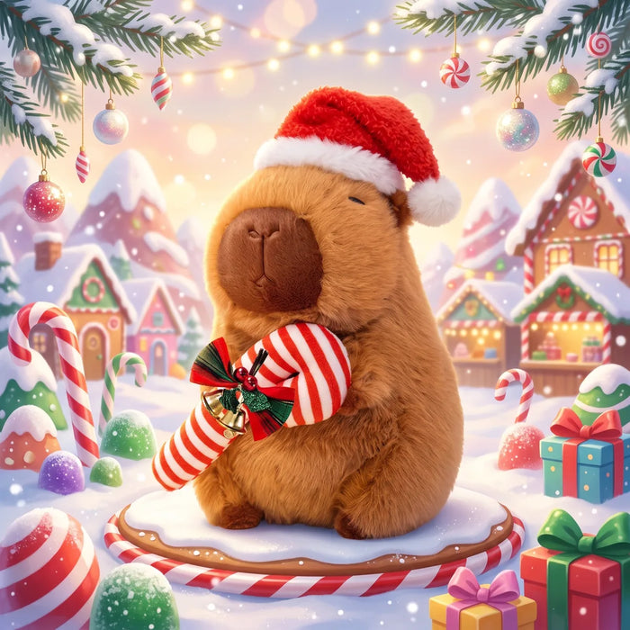 Illustrated jingle bell Christmas capybara plush hugging a candy cane in a snowy gingerbread village