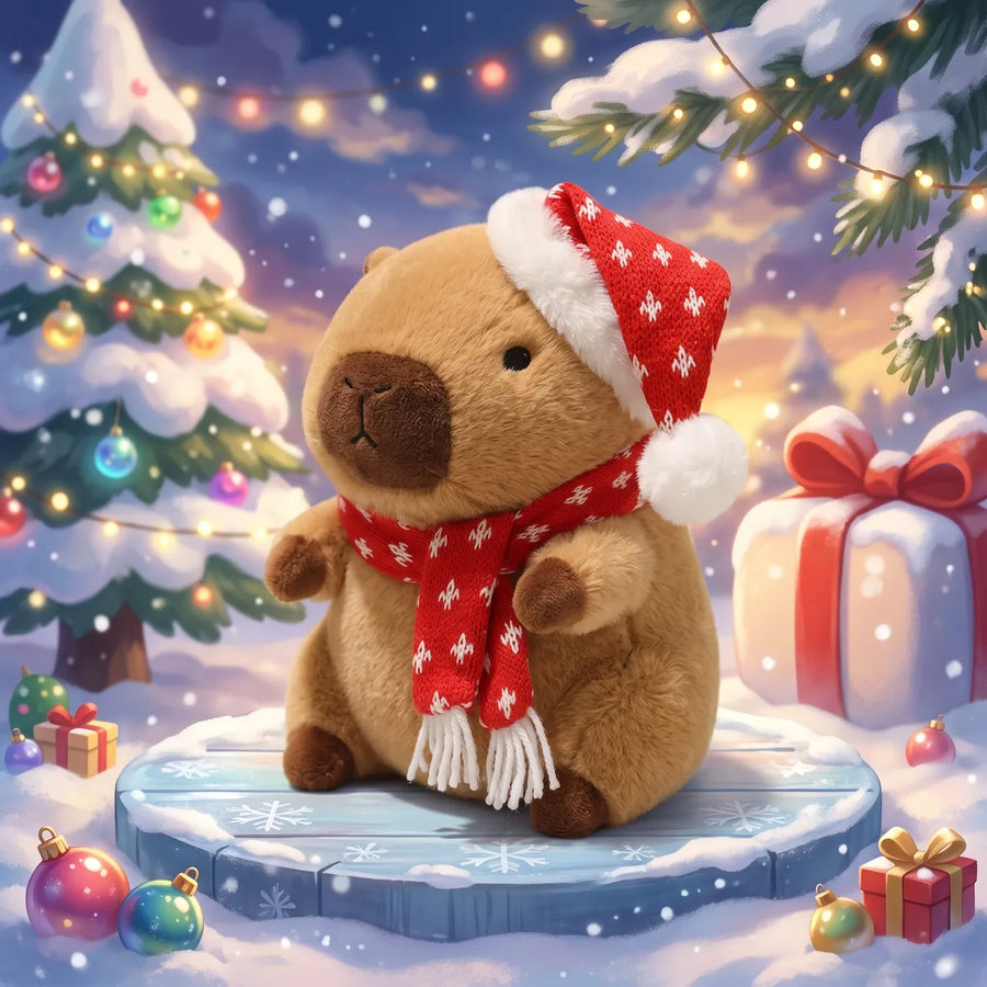 Illustrated Christmas capybara plush in a red snow dot knit hat and scarf on an ice stage among snowy trees and gifts