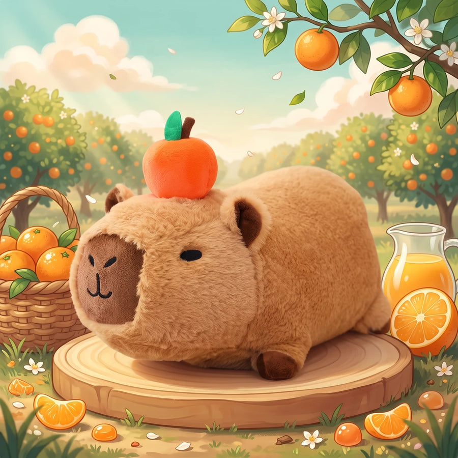 Lying capybara plush with an orange on its head, on a wooden slice in an illustrated orange grove