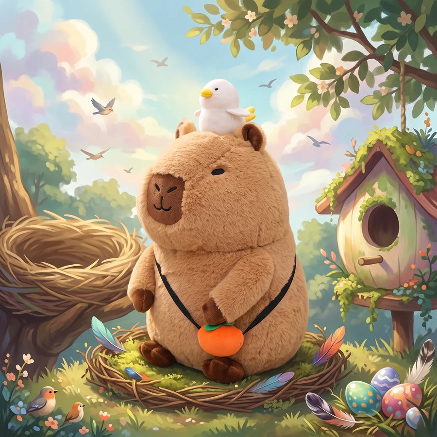 Capybara plush with orange bag and a white bird on its head in an illustrated nest scene with a birdhouse