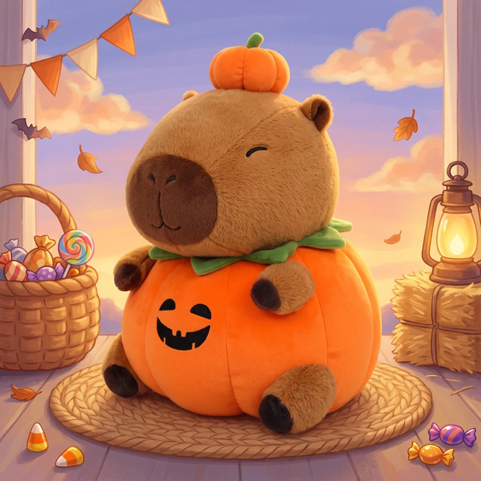 Pumpkin capybara plush sitting on an illustrated porch at dusk with a candy basket
