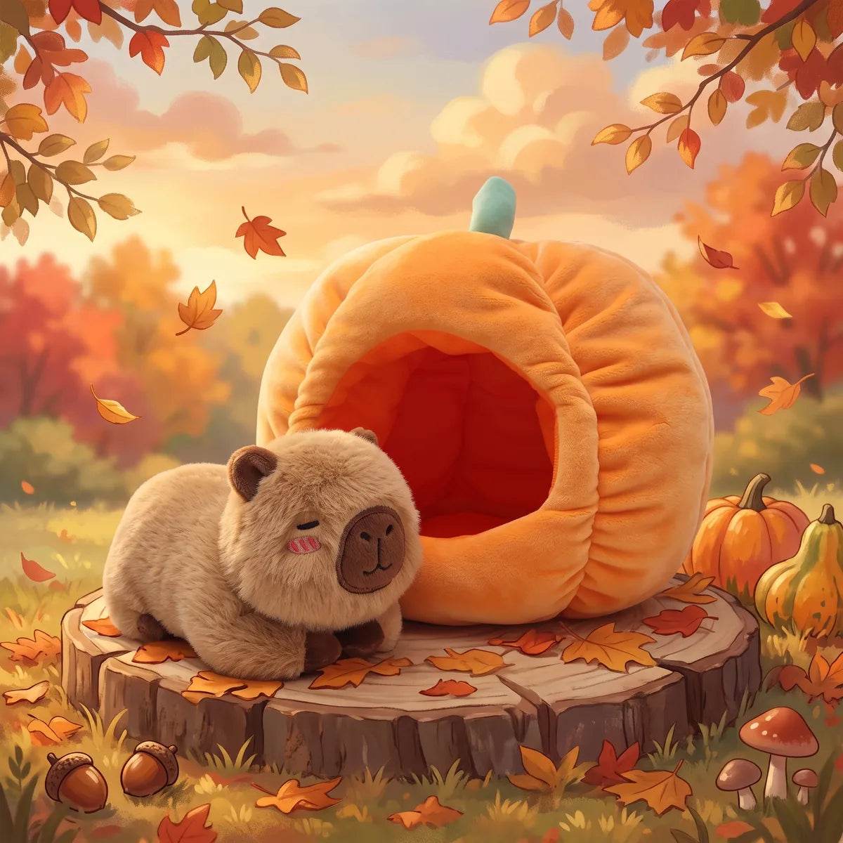 Pumpkin house capybara plush set on a tree stump in an illustrated autumn harvest garden