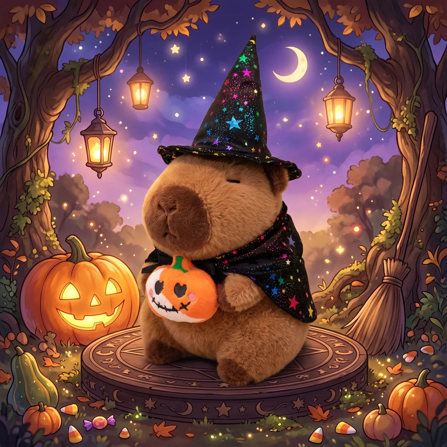 Pumpkin witch capybara plush holding a small pumpkin in an illustrated lantern lit forest at night