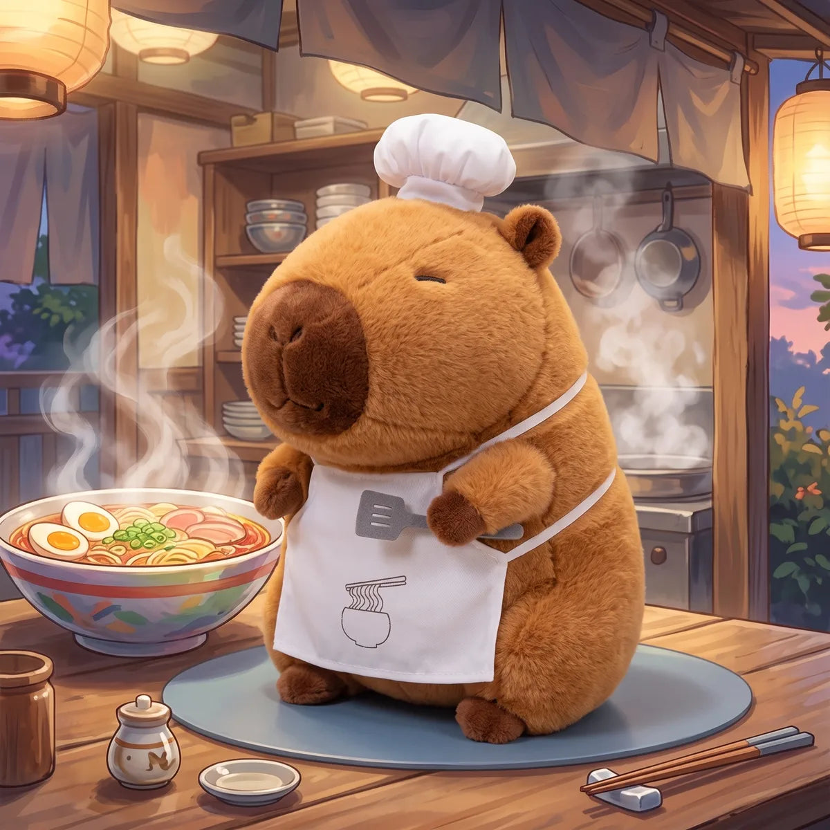 Ramen chef capybara plush beside a steaming bowl of noodles in an illustrated ramen shop