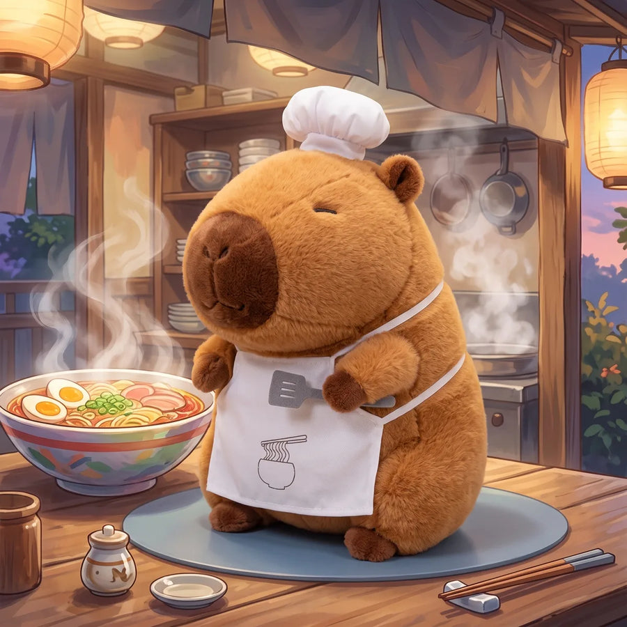Ramen chef capybara plush beside a steaming bowl of noodles in an illustrated ramen shop