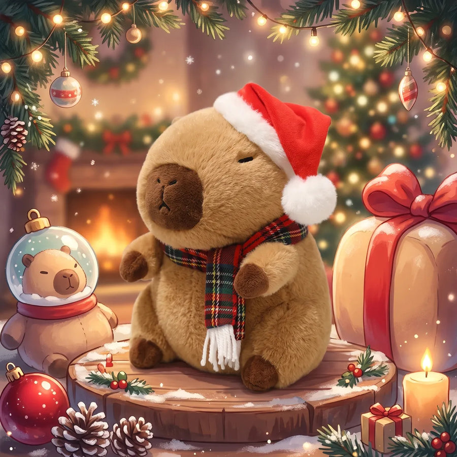 Illustrated red tartan Christmas capybara plush in a Santa hat on a wood slice by a fireplace