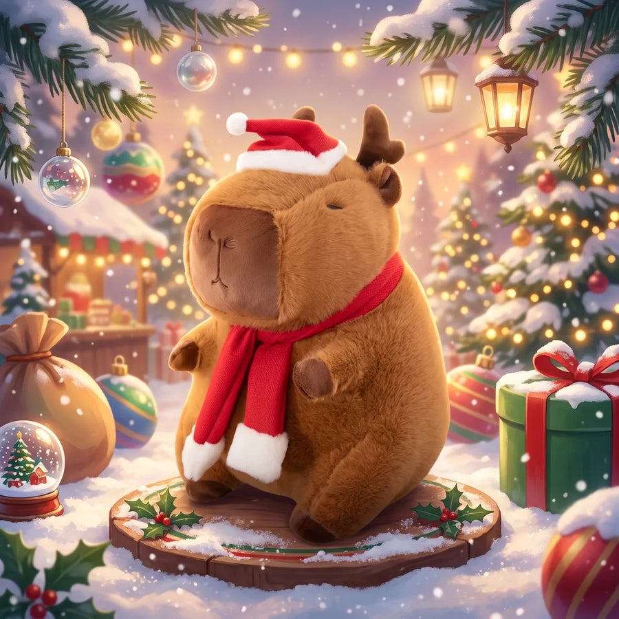 Illustrated reindeer capybara plush with antlers and a red scarf on a wood slice at a snowy Christmas market