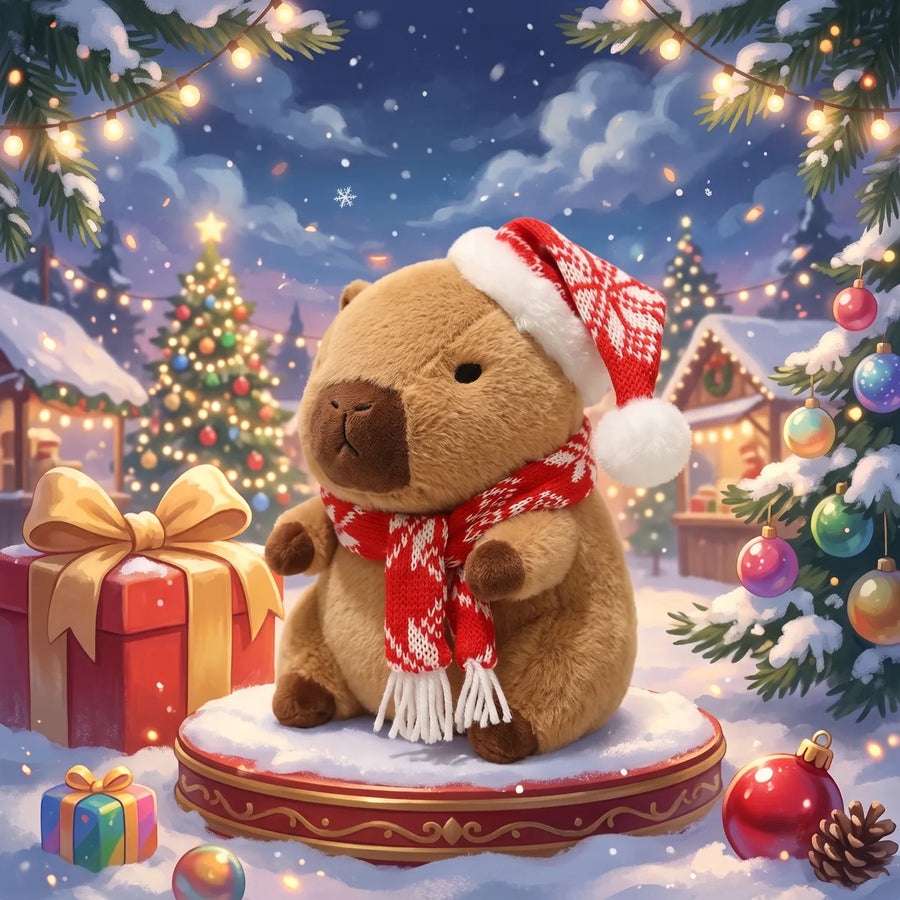 Illustrated snowflake Christmas capybara plush in a red Nordic knit hat and scarf at a snowy night market
