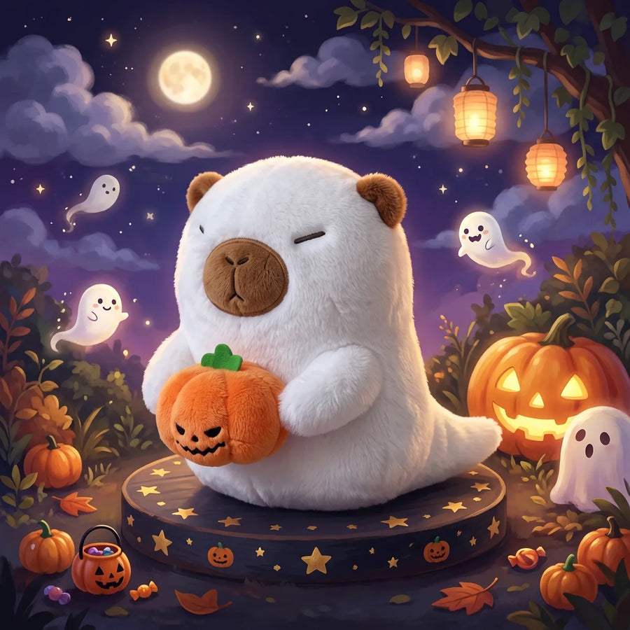 White ghost capybara plush holding a pumpkin in an illustrated moonlit garden with small ghosts