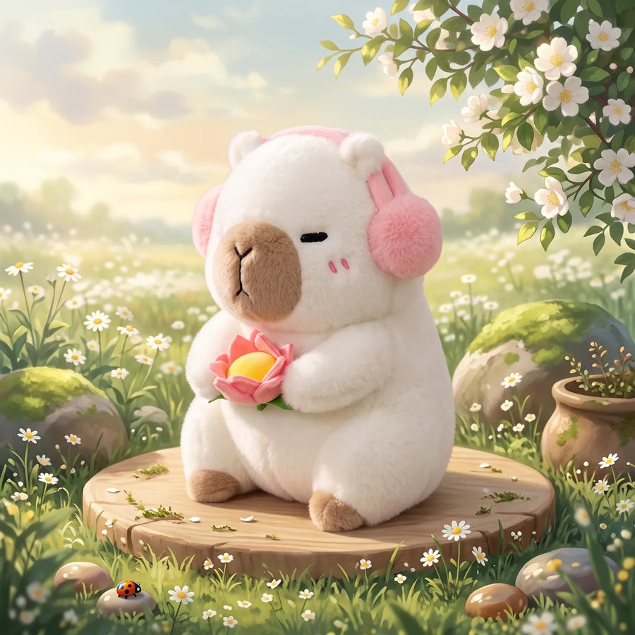 White capybara plush with pink headphones on a wooden round in an illustrated daisy meadow