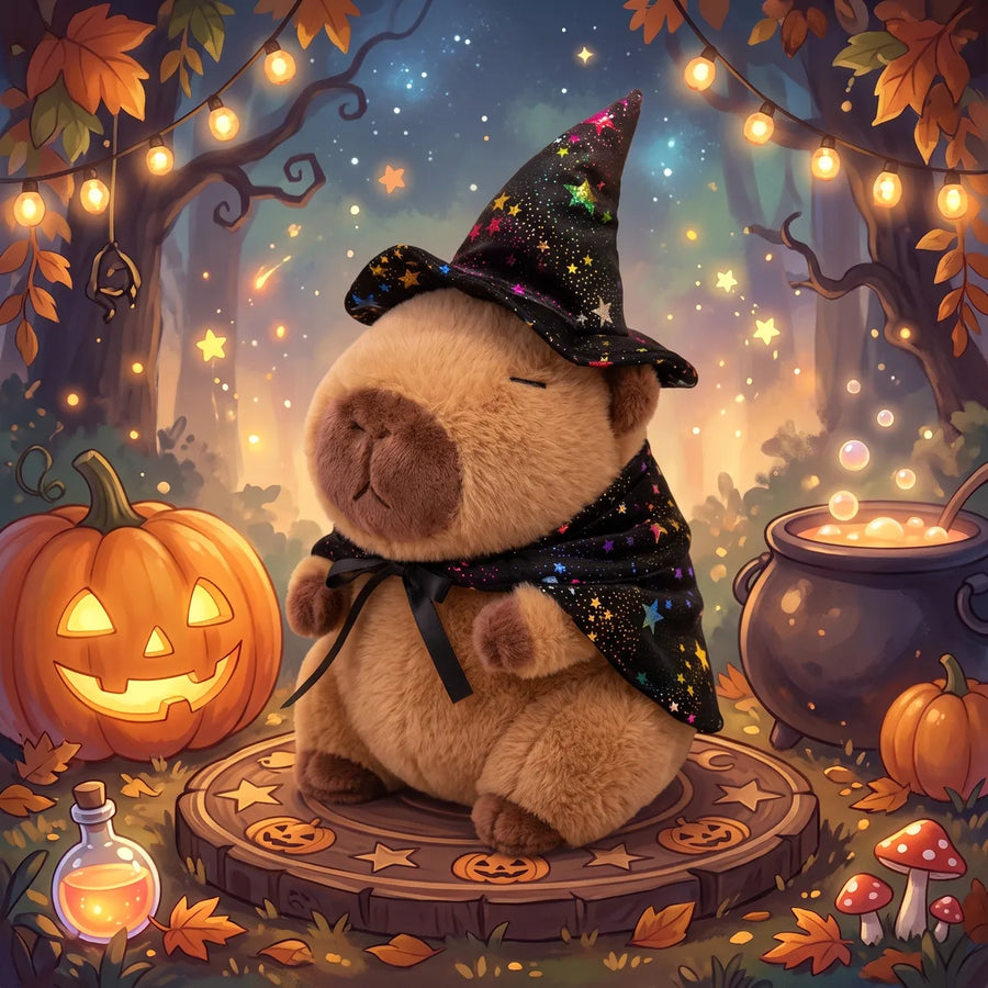 Witch capybara plush with a starry black hat and cape in an illustrated enchanted forest at night