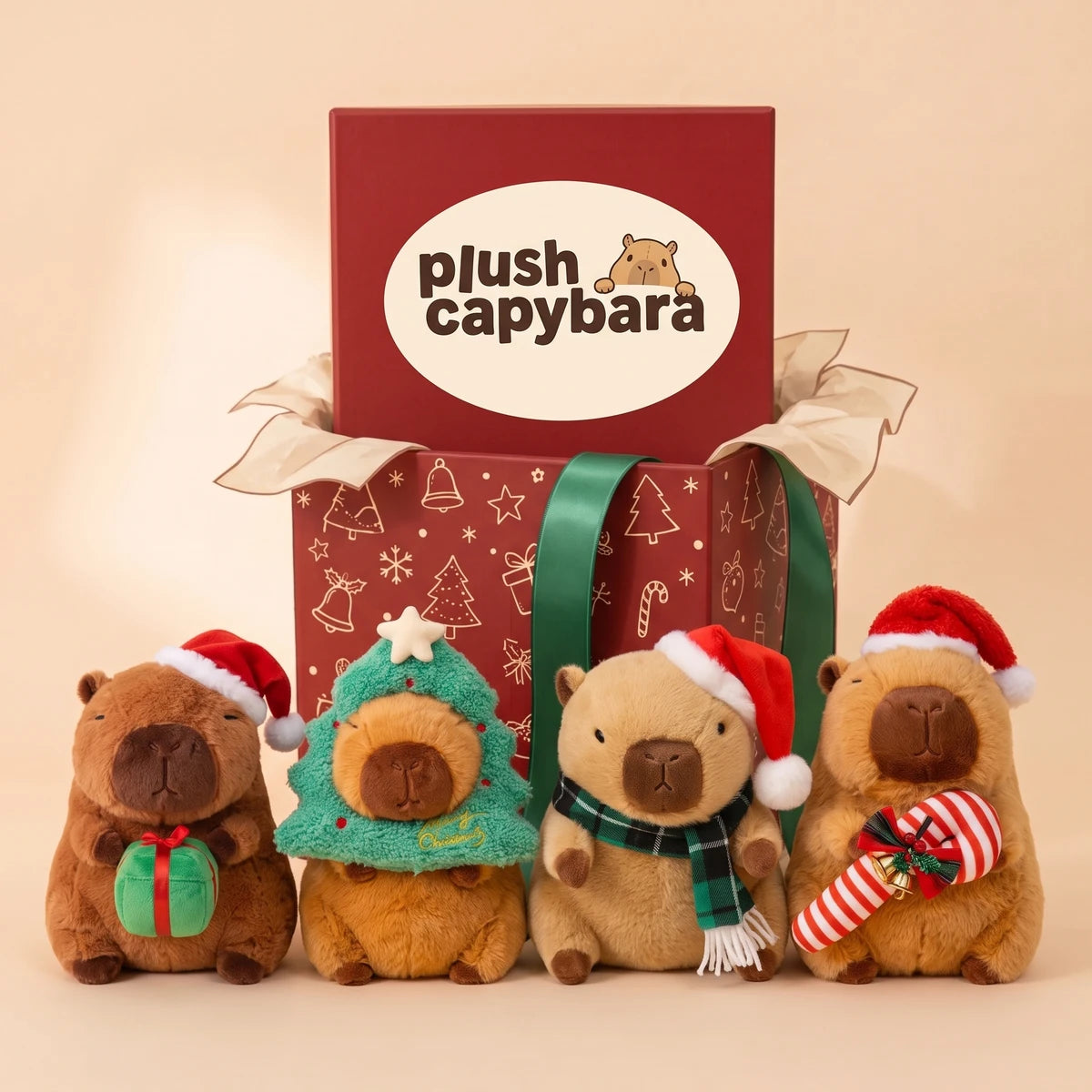 Front view of the four Christmas capybara plush lined up on a peach studio backdrop