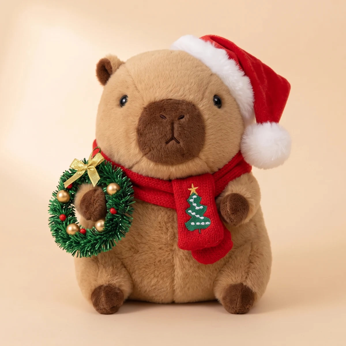 Front view of the Christmas capybara plush with a Santa hat holding a green wreath