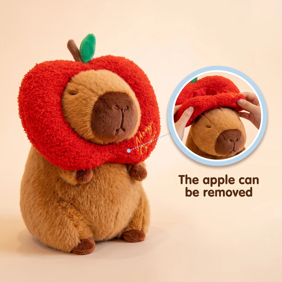 Christmas apple capybara plush with a close-up showing that the apple hood can be removed