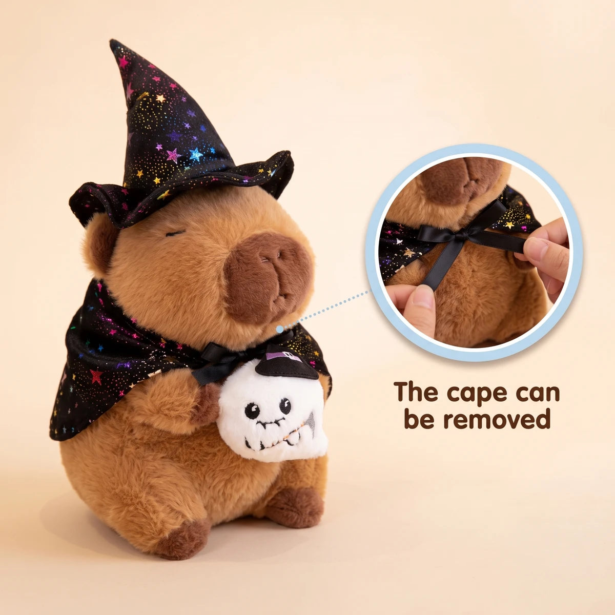 Ghost witch capybara plush with a close-up showing that the cape can be removed