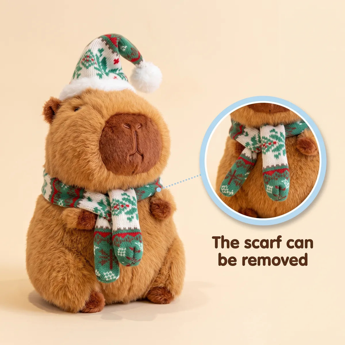 Christmas capybara plush with a green and white knit hat, with a close-up showing that the scarf can be removed