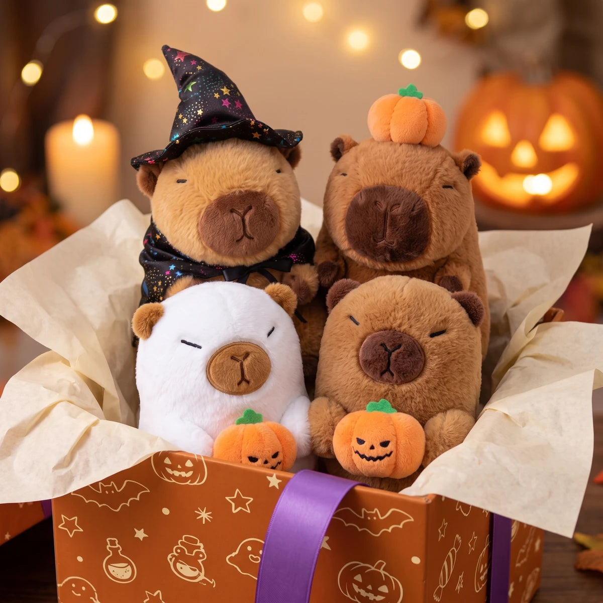 Close-up of the witch, pumpkin on head and two ghost capybara plush on cream tissue paper