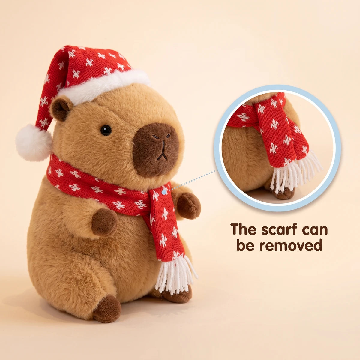 Christmas capybara plush with a red knit hat, with a close-up showing that the snow dot scarf can be removed