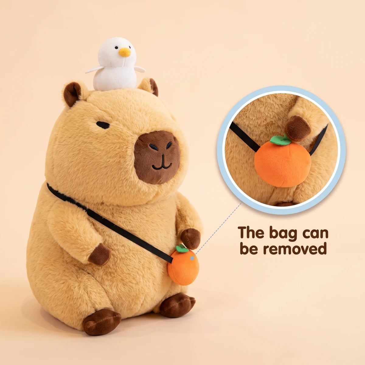 Capybara plush with a close-up showing that the orange bag can be removed