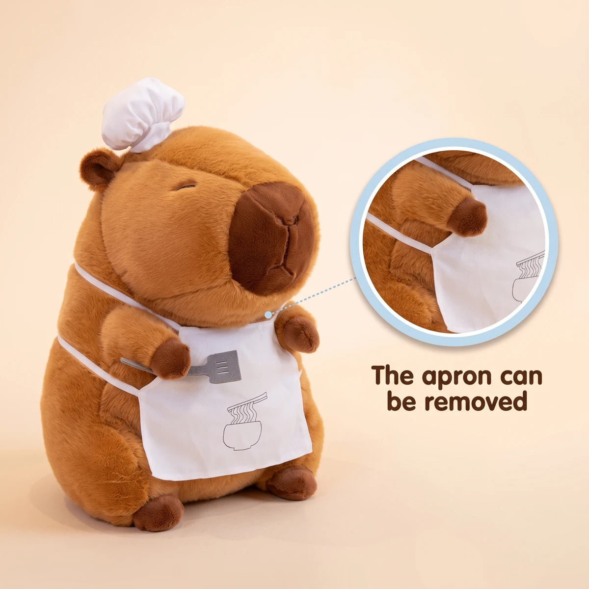Ramen chef capybara plush with a close-up showing that the apron can be removed