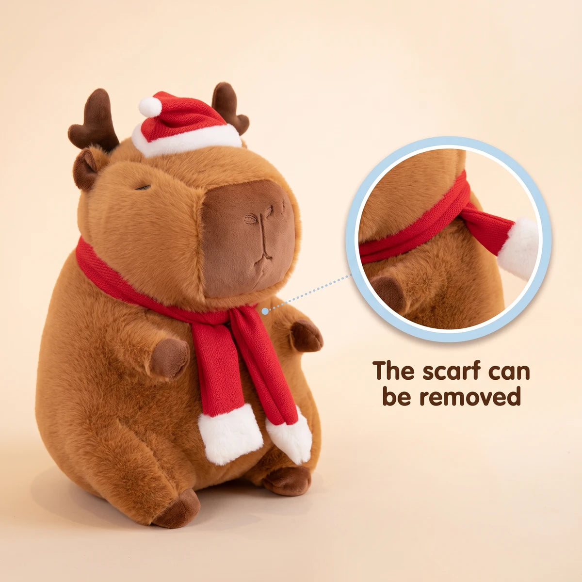 Reindeer capybara plush with a close-up showing that the red scarf can be removed