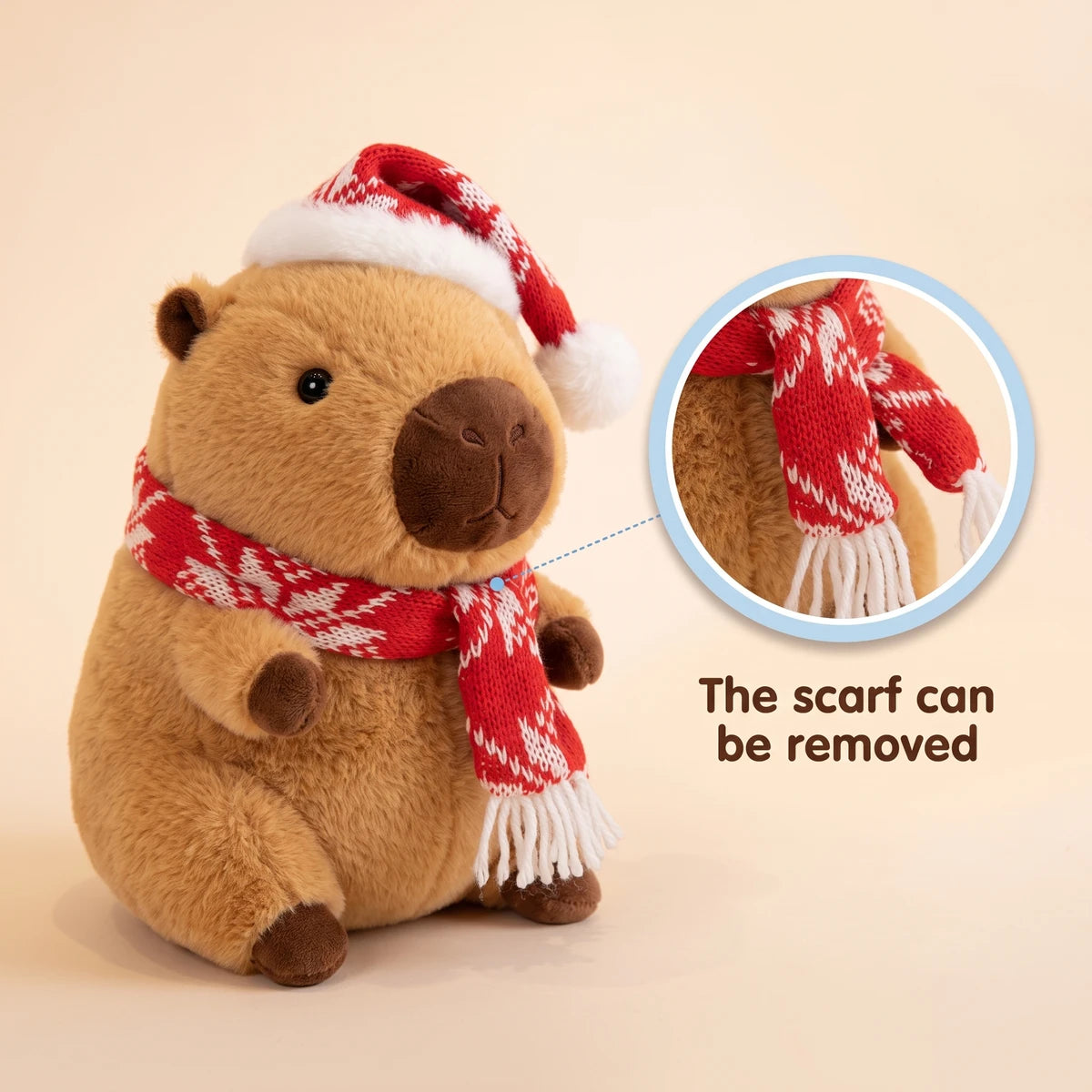 Christmas capybara plush with a red snowflake knit hat and scarf with a close-up showing that the scarf can be removed