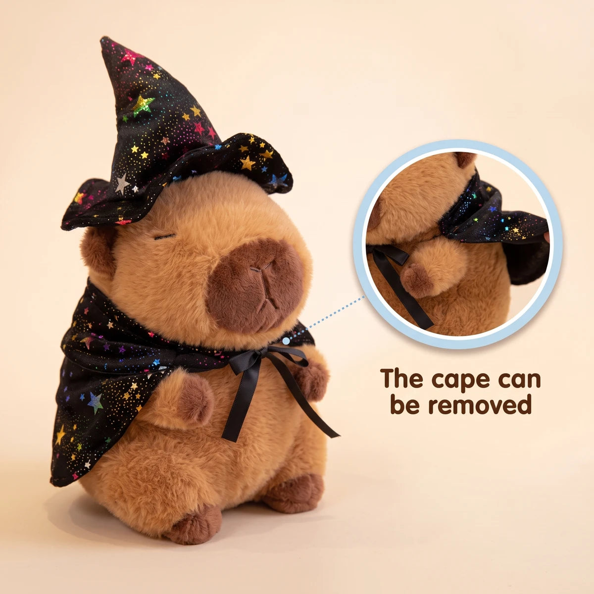 Witch capybara plush in a starry hat, with a close-up showing that the cape can be removed