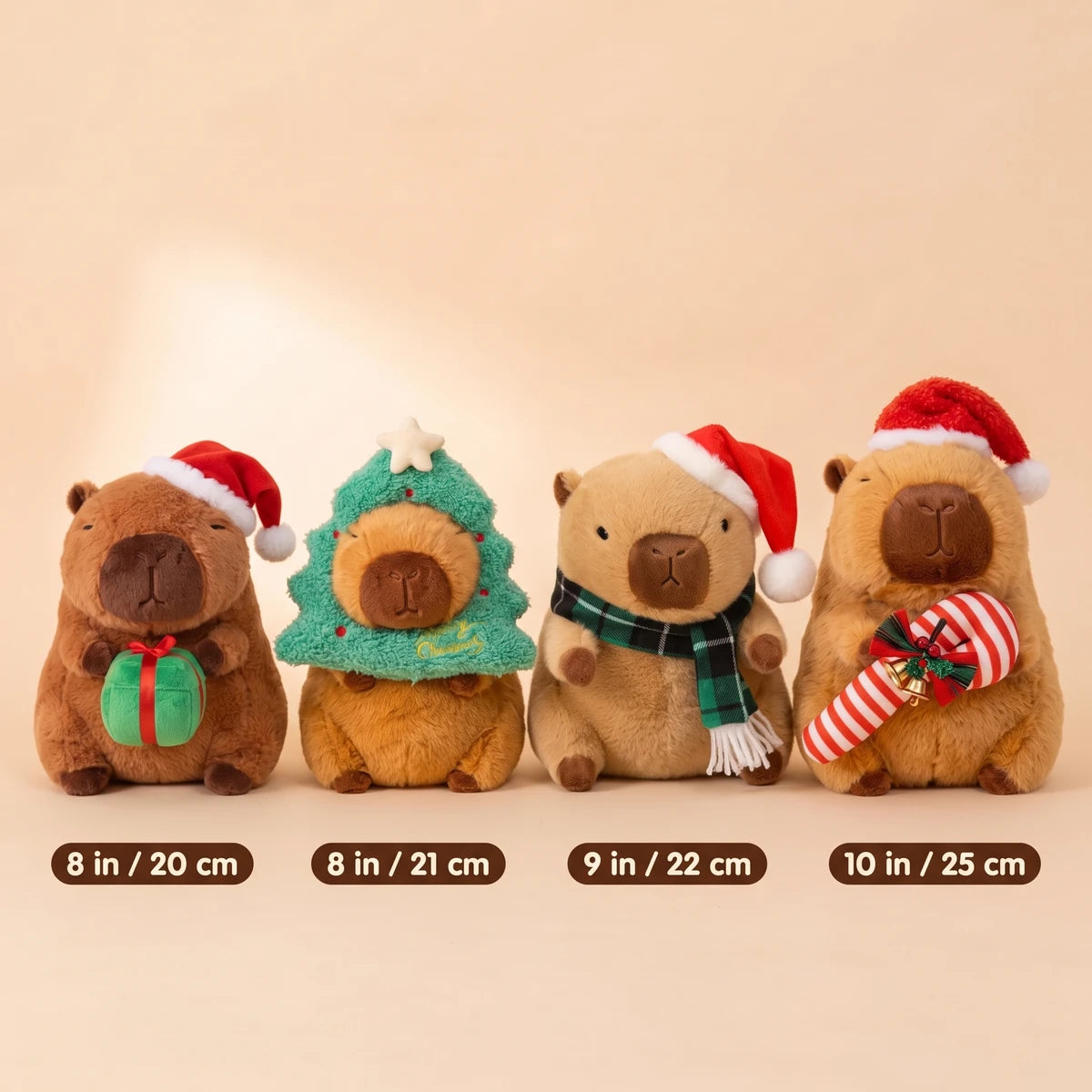 Size chart of the Christmas capybara plush set: 8 in, 8 in, 9 in and 10 in