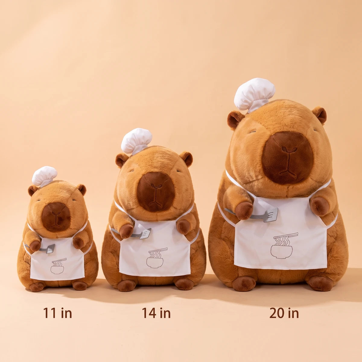 Ramen chef capybara plush in three sizes side by side, 11 in, 14 in and 20 in