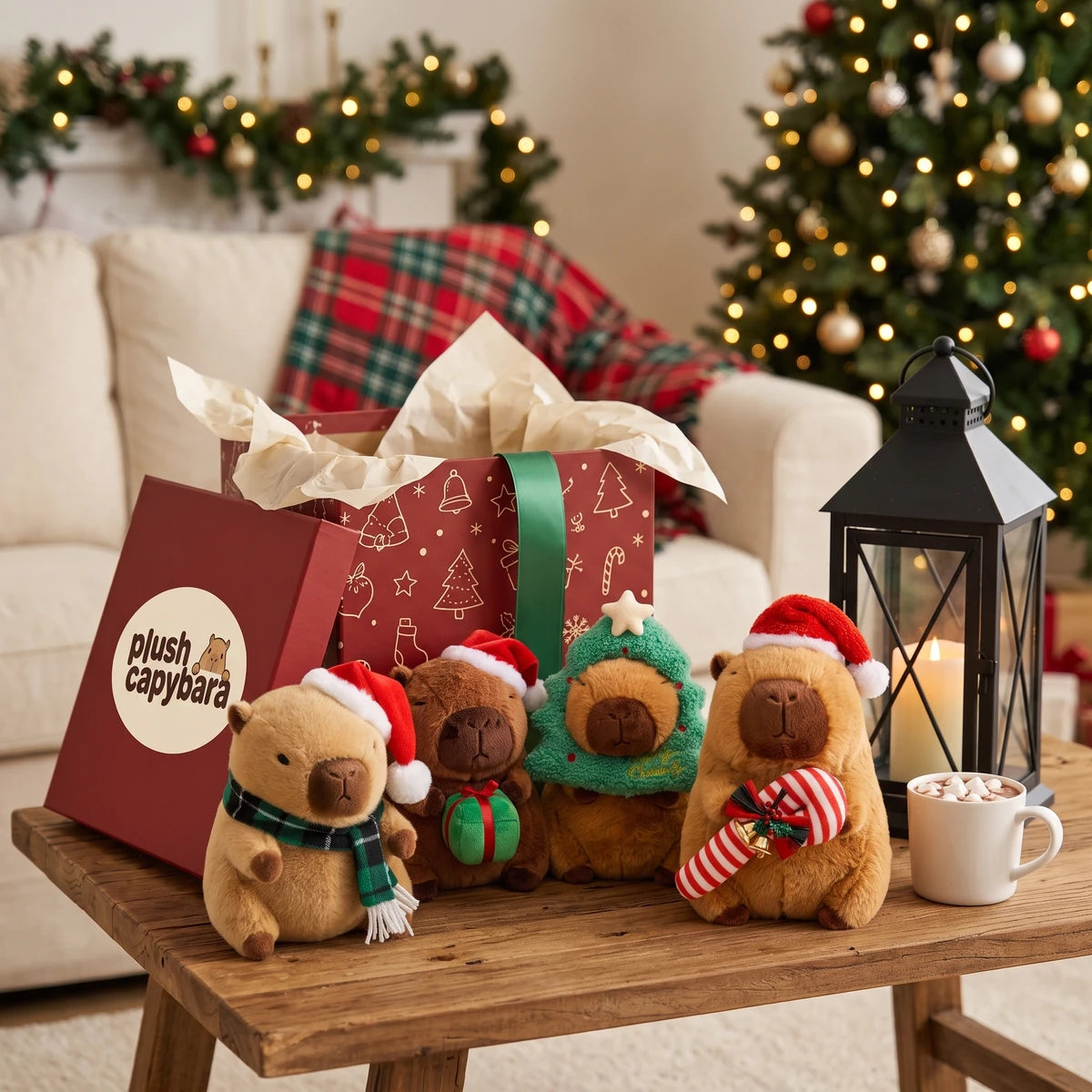 Christmas capybara plush set on a wooden coffee table in front of a decorated Christmas tree