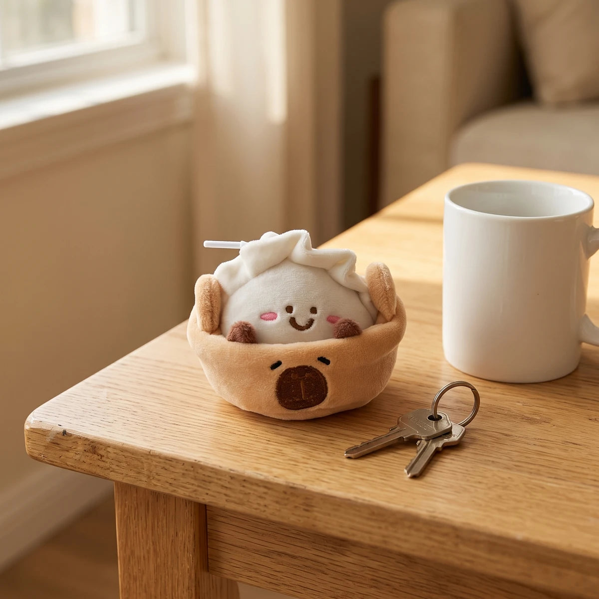 Dumpling capybara keychain on a table next to house keys and a coffee mug
