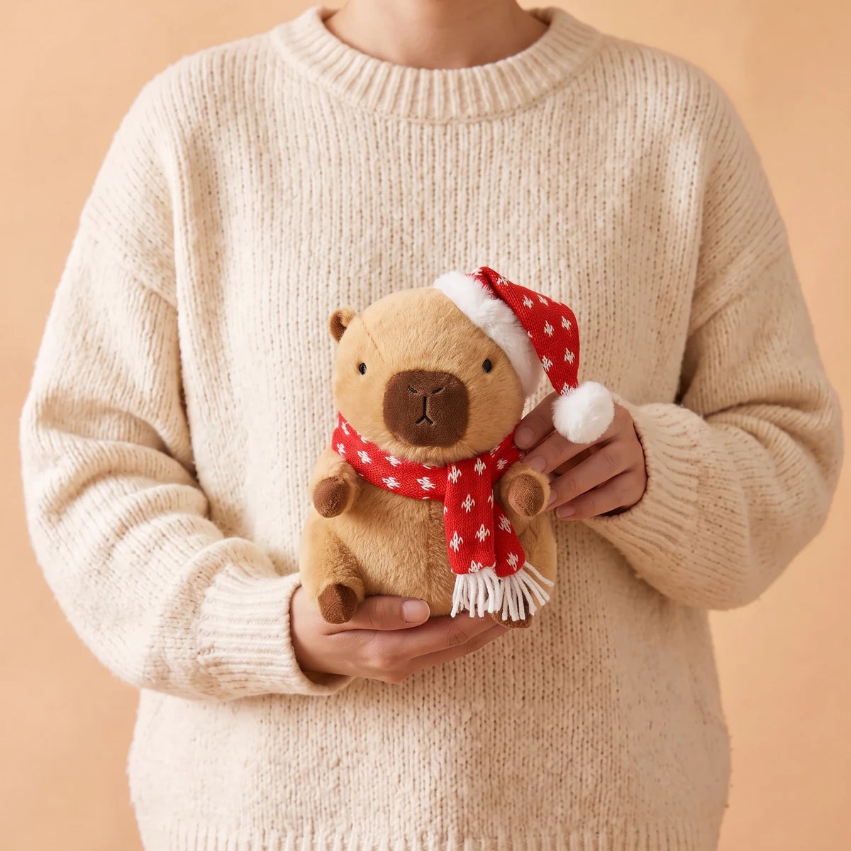Person in a cream sweater holding the 9 in Christmas capybara plush with a red knit hat and scarf dotted with snowflakes